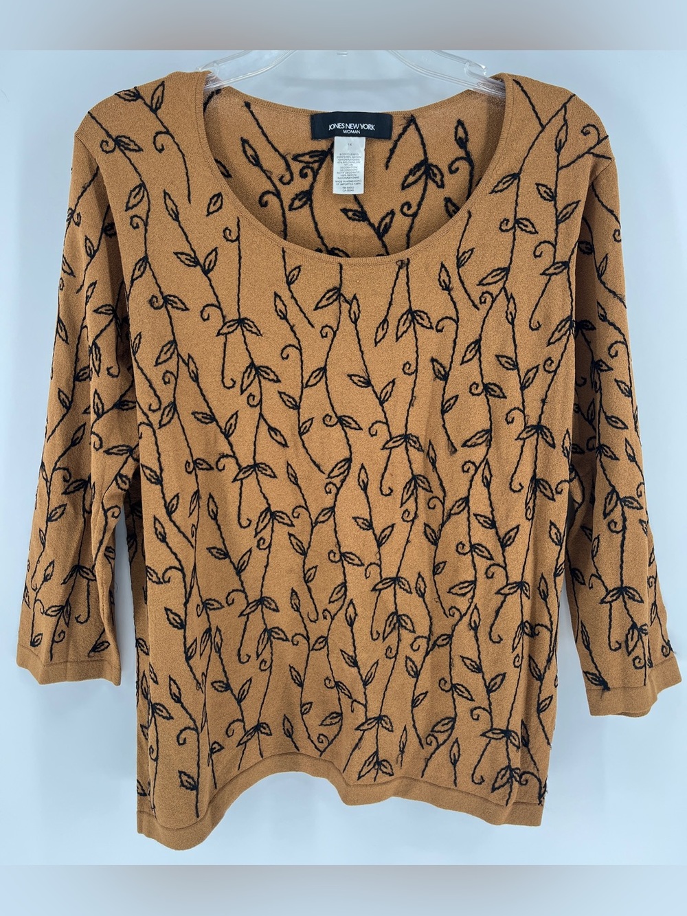 Jones New York Cottagecore Botanical Vine Embroidered Scoop Neck Knit Top 1X